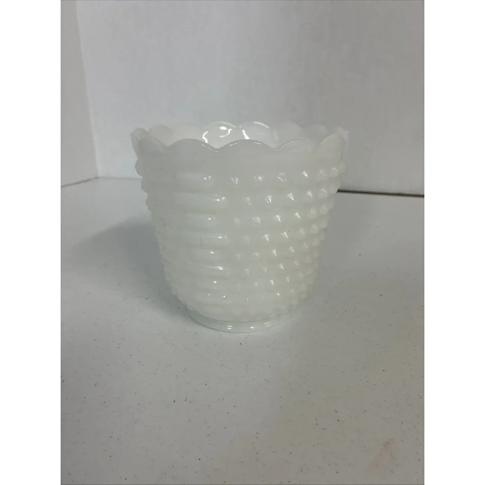 Fire-King Milk Glass Hobnail Planter Scalloped Rim White Vintage Made in USA